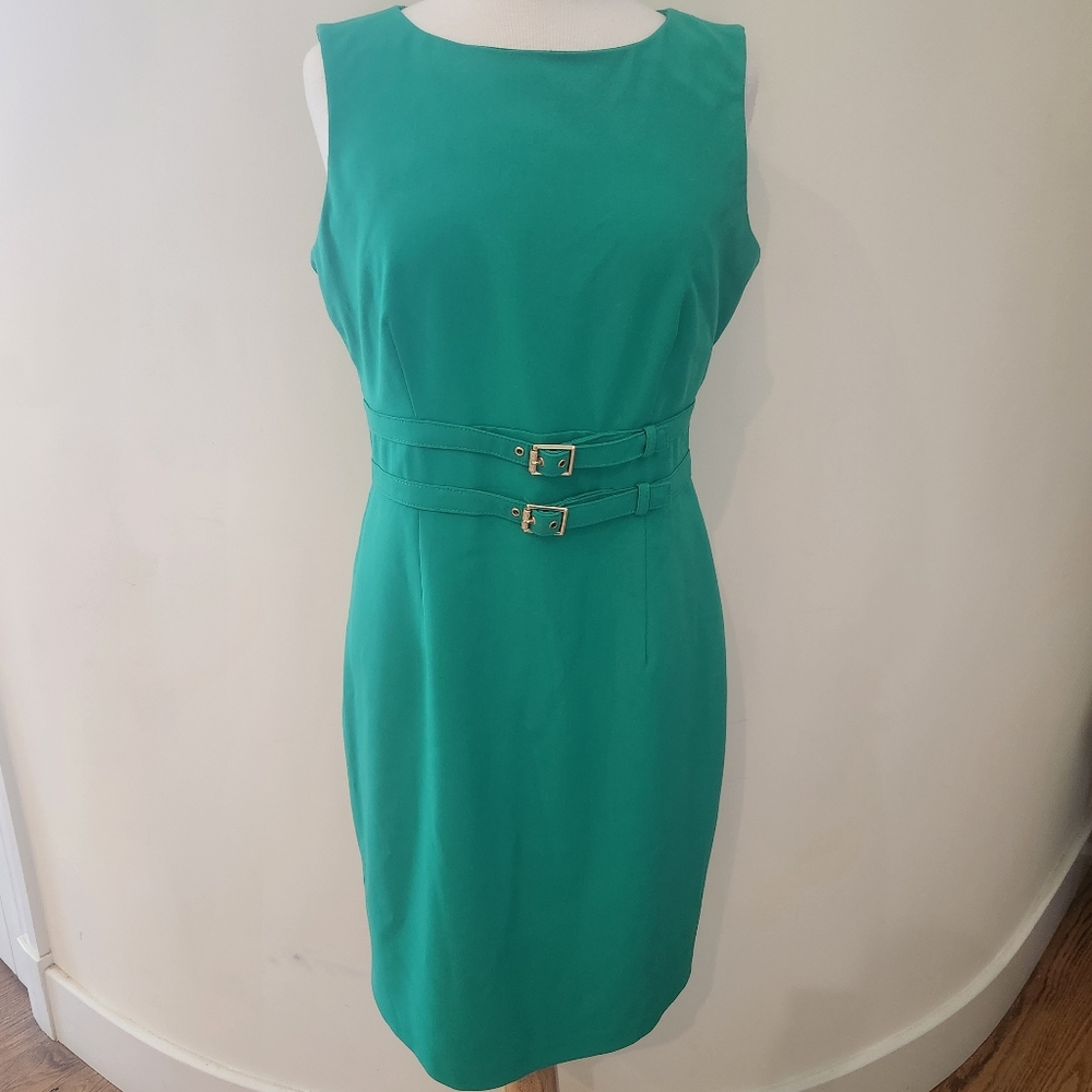 Dana Buchman Kelly Green Gold Zipper Buckle Dress